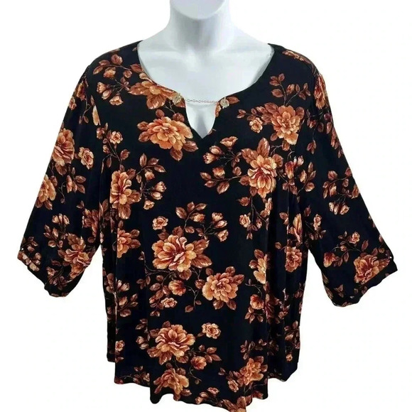 Torrid 5XL Womens Black Floral Print Crepe Chain Detail Blouse 3/4 Sleeves Boho - Picture 1 of 16